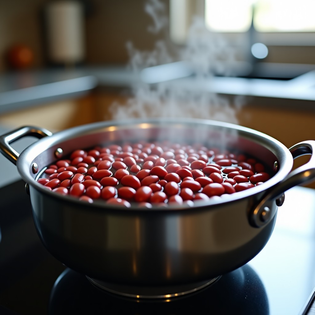 Red beans boiling in a silver pot on a modern kitchen stove with gentle steam rising, close-up shot, realistic cooking scene. 1:1