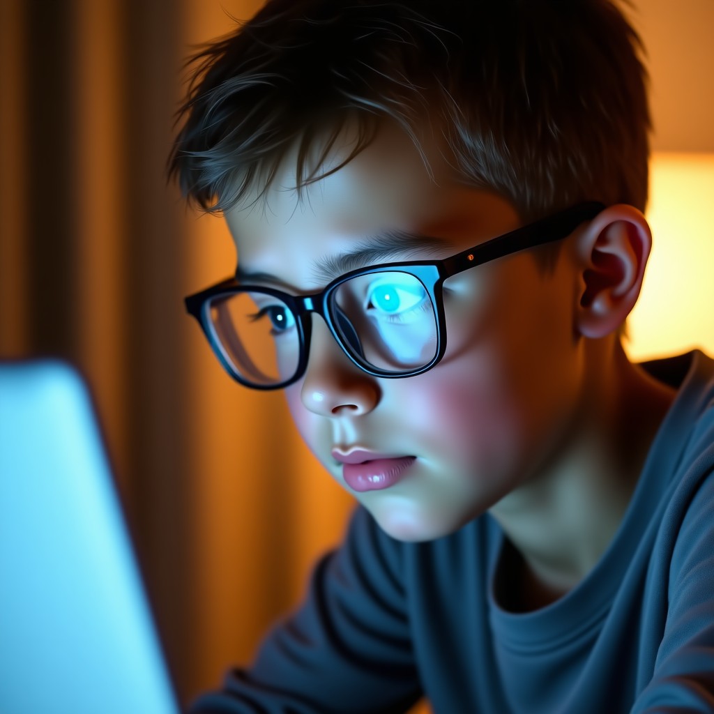 A close-up shot of a young person looking at a laptop screen with a thoughtful and calm expression, reflections of a website on glasses, warm indoor lighting, realistic texture, high-quality photography, 4:3