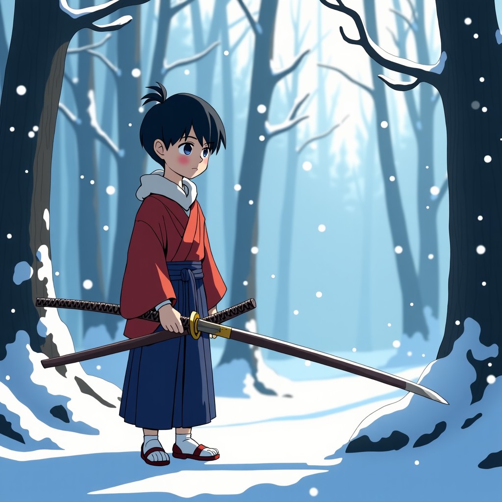 A young boy training with a wooden sword in a snowy Japanese cedar forest. Realistic anime art style, soft winter sunlight, snowflakes falling, traditional Japanese clothing. 4:3