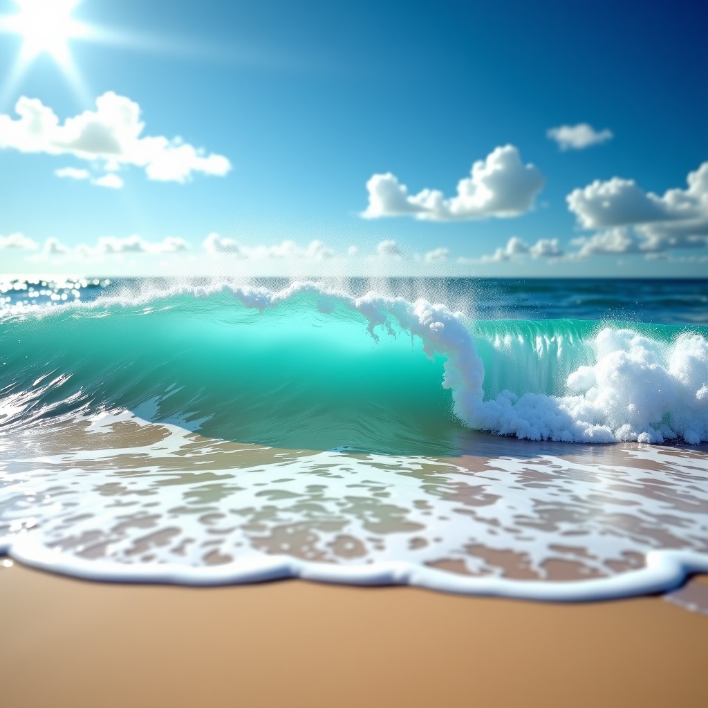 A high-definition close-up of ocean waves crashing on a sandy beach, incredibly realistic water textures, vibrant tropical environment, sunny daylight, 4:3