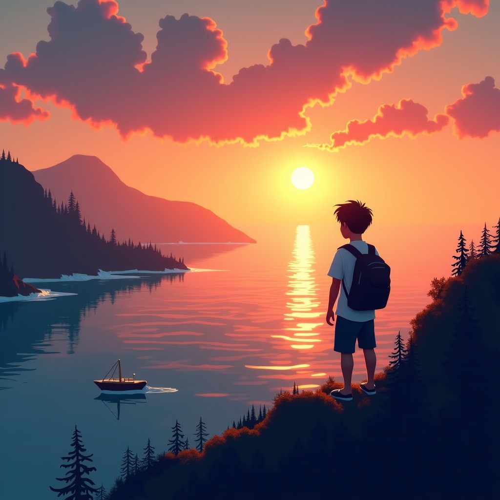 A cinematic wide shot of a young adventurer looking out over a vast ocean with scattered islands at sunset, adventurous atmosphere, 4:3