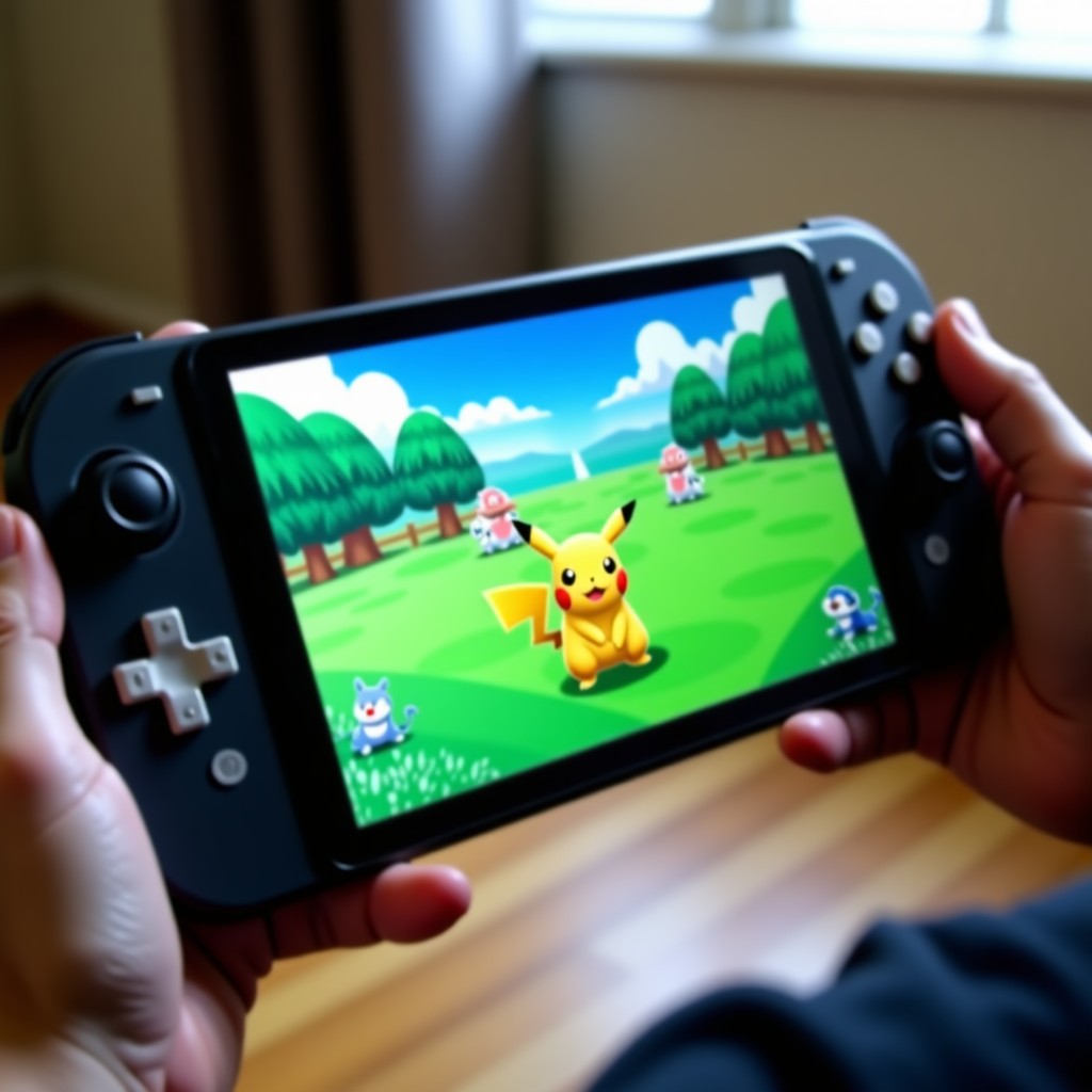 Close-up of a modern handheld gaming console screen displaying a high-definition Pokemon battle in a lush green field, vibrant colors, ergonomic design of the console held by hands, soft indoor lighting, 1:1