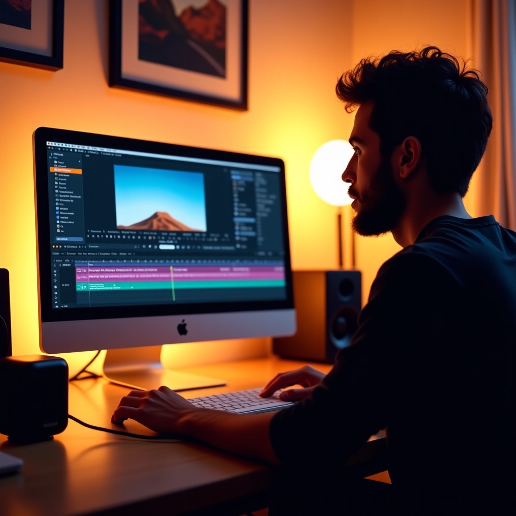 A creative workspace with a person using professional video editing software on a large curved monitor, a Mac mini visible on the side, soft warm ambient lighting, realistic creative studio vibe, 4:3