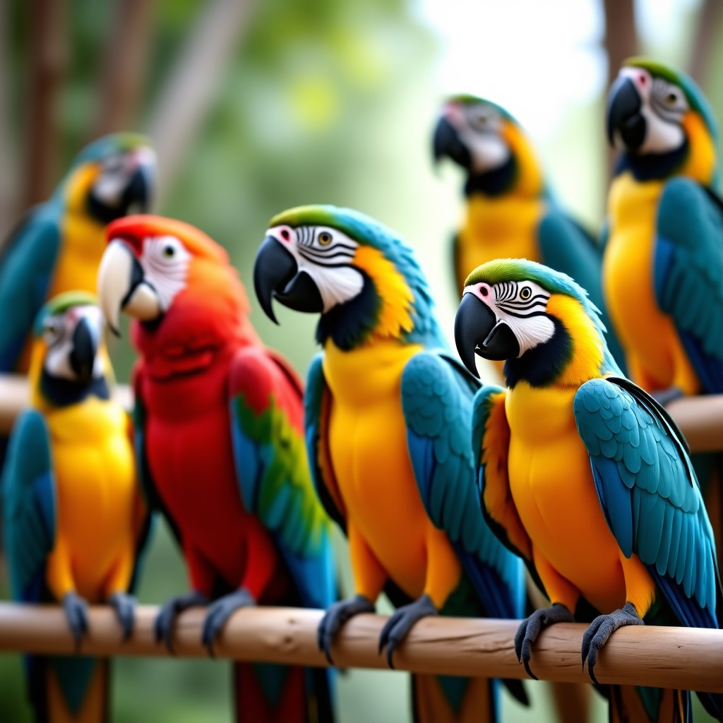 A group of various colorful parrots including African Grey and Macaw in a bright avian sanctuary, high quality photography, cinematic lighting, 4:3
