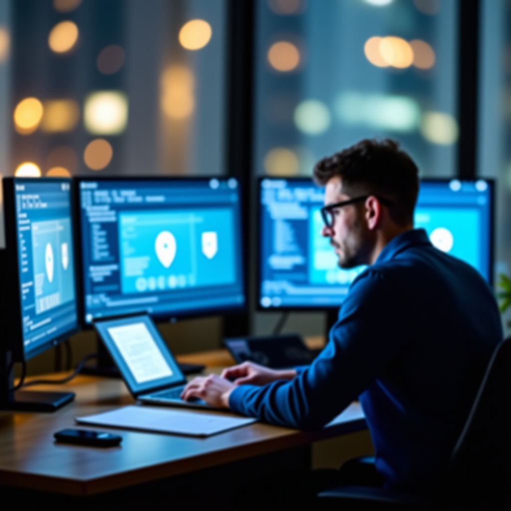 A professional office environment with blurred computer screens in the background, a person sitting at a desk with a laptop, focusing on cybersecurity, realistic lifestyle photography, 4:3.