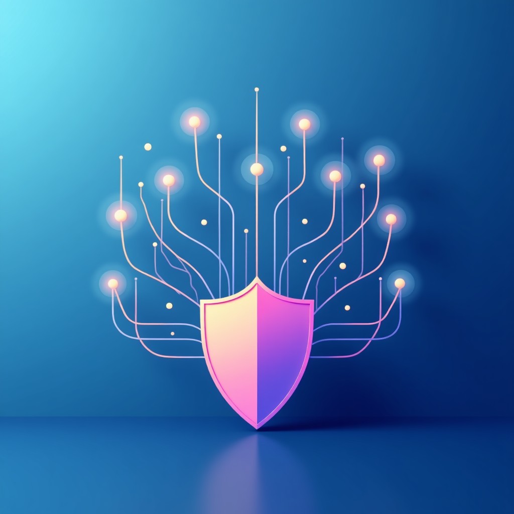 A digital privacy concept illustration, shield icon with digital data streams, clean and modern infographic style, 1:1