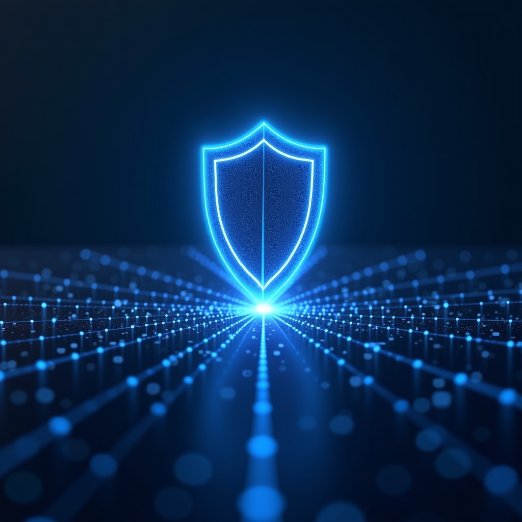 Conceptual art of digital security shield protecting a glowing quantum network, minimalist style, sharp focus, 4:3