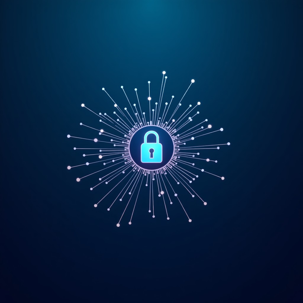 A calm and minimalist composition of a digital security metaphor, glowing abstract circuit patterns on a deep blue textured background, artistic tech illustration, 4:3.