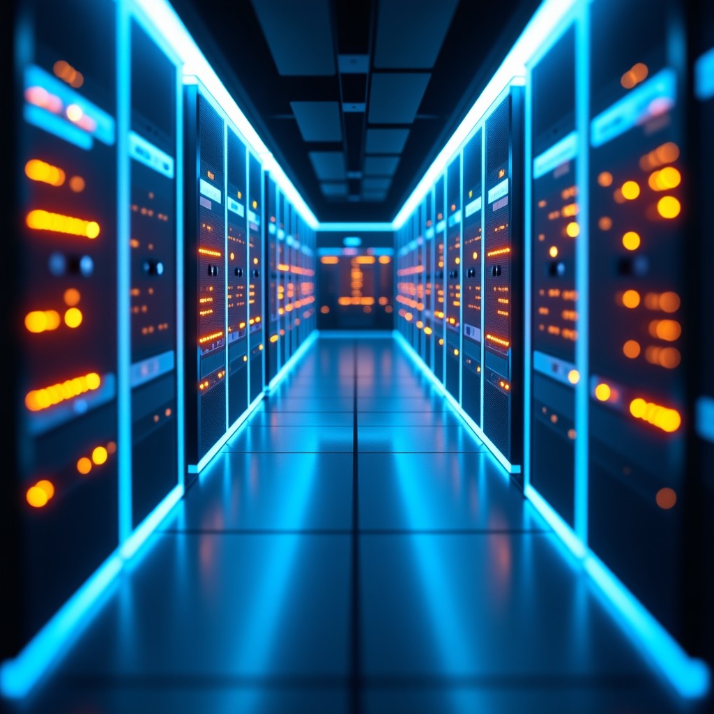 A futuristic server room with glowing blue and orange light connections representing global supply chain and digital infrastructure, cinematic lighting, high resolution, 4:3