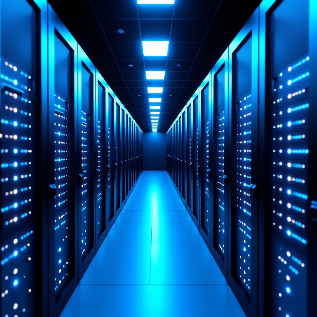 Modern server rack room with blue glowing lights, high-tech industrial environment, sleek design, wide angle shot, 16:9 aspect ratio.