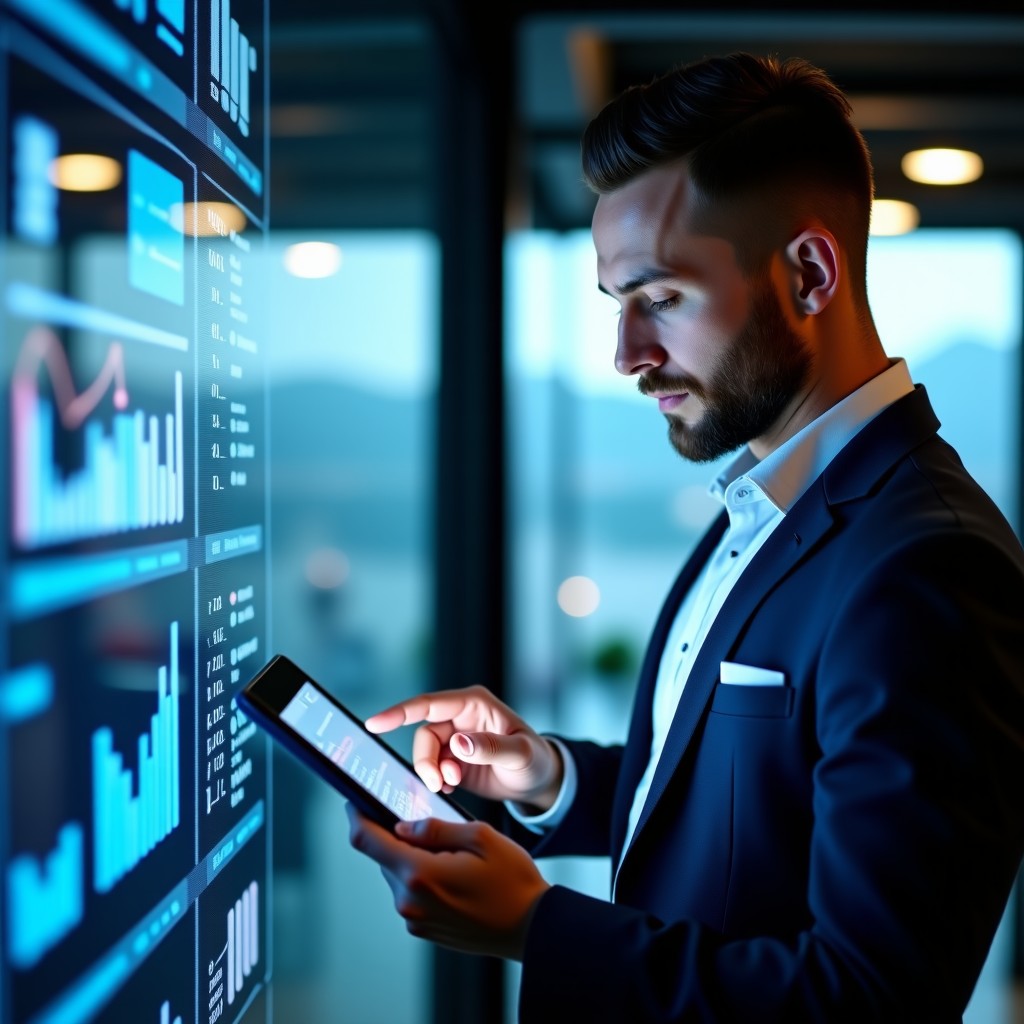 A professional workspace where a human manager is reviewing data on a tablet while interacting with a digital interface. The balance between human touch and technology. Modern office environment. 4:3