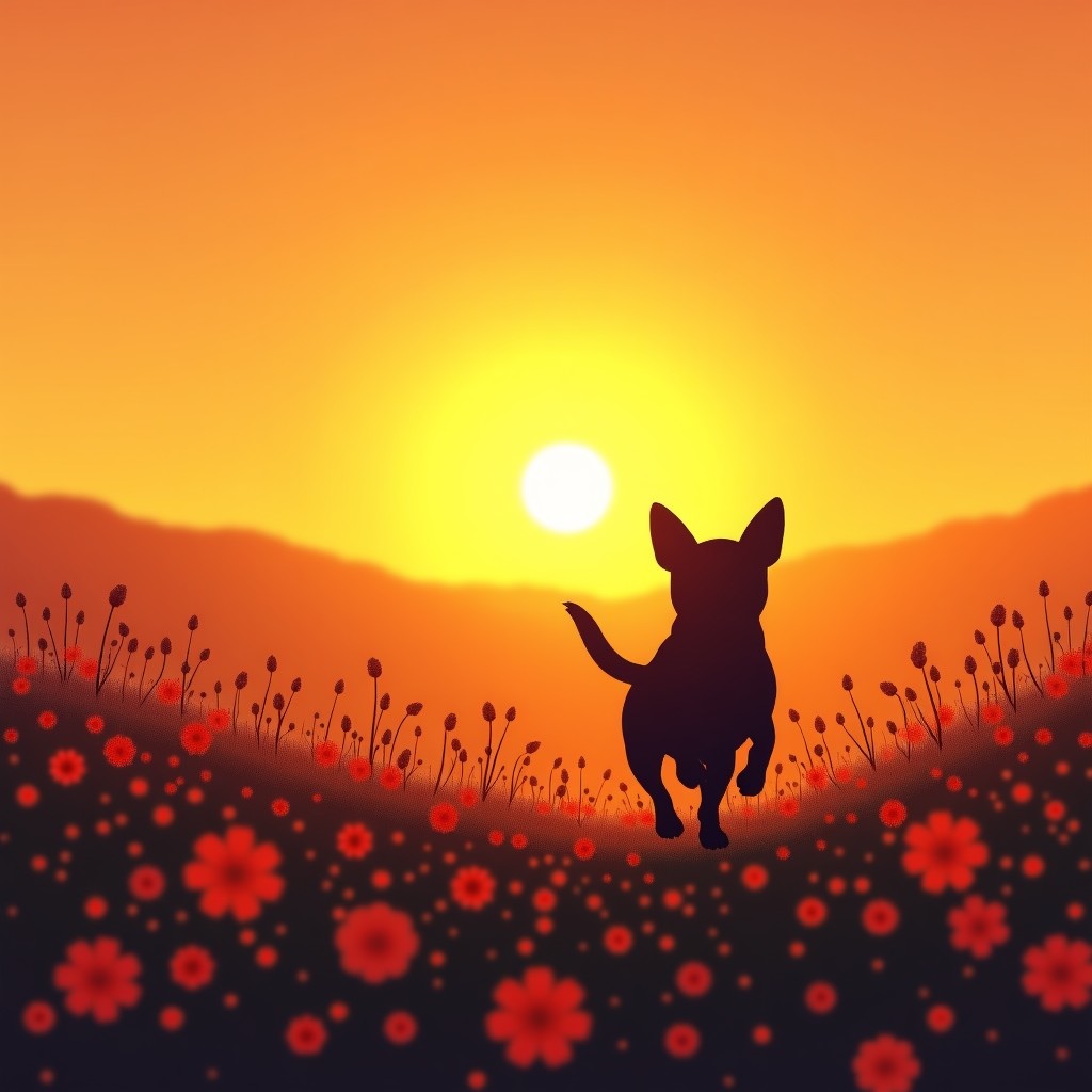 A silhouette of a small dog running freely towards a golden horizon at sunset. The background is a vast field of flowers. Artistic and textured rendering, 4:3