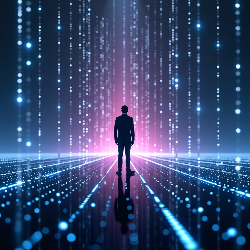 A silhouette of a person standing in a digital landscape made of glowing binary code and network lines, cinematic lighting, conceptual art, 4:3