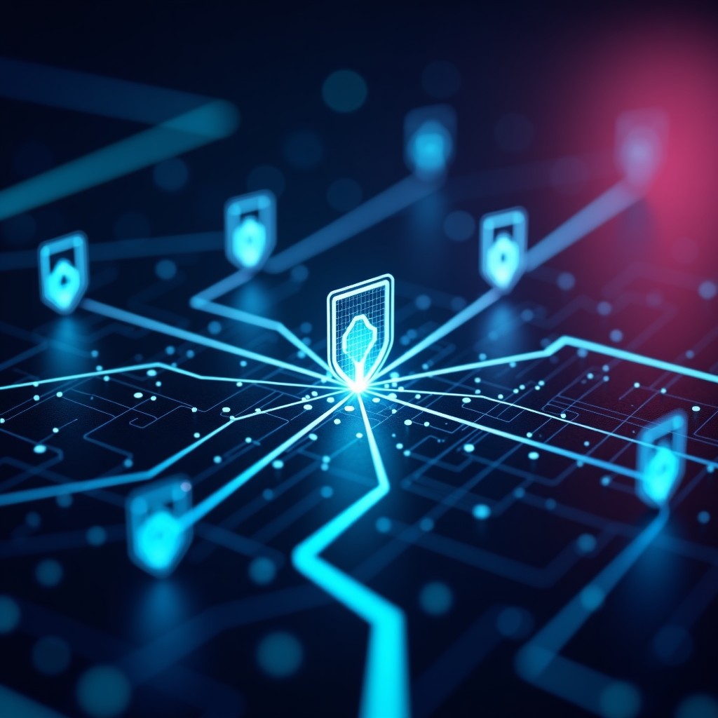 Abstract representation of digital surveillance with glowing data streams and shield icons, dark background with cyan and magenta accents, artistic rendering, 4:3