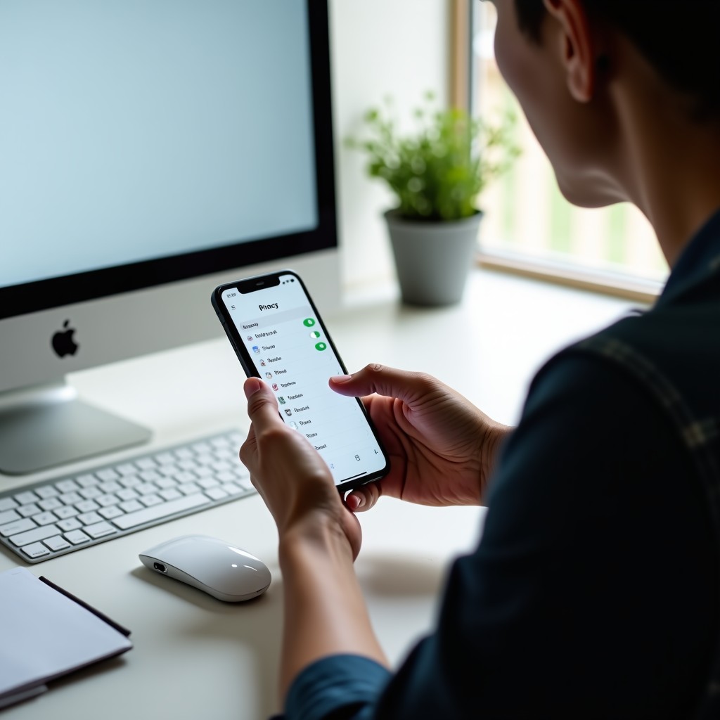A person checking privacy settings on a smartphone, soft studio lighting, clean office desk, minimalist style, 4:3