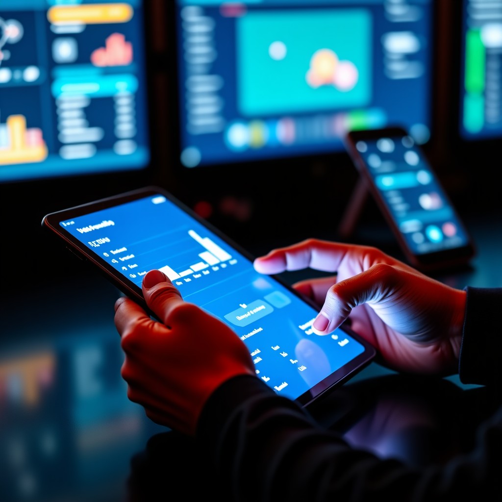 Close up of hands using a tablet and smartphone to check game stats, glowing screens in a dark room, high tech vibe, detailed composition, 4:3
