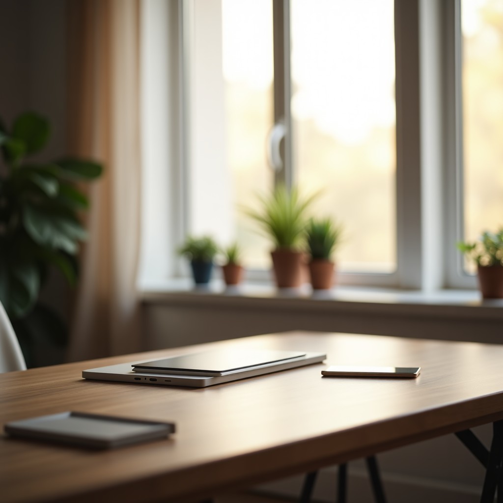 A calming interior space with minimal elements, soft natural sunlight, focus on a modern desk setup without distracting devices, cinematic depth of field, 4:3