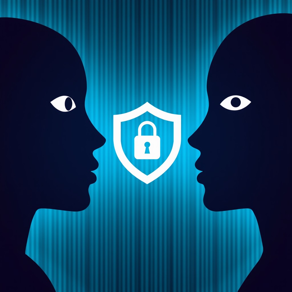 Two stylized human silhouettes facing each other with a large digital shield in between them. One side represents privacy with a key icon, the other represents safety with a watchful eye icon. Tech-style background with binary code patterns. 4:3