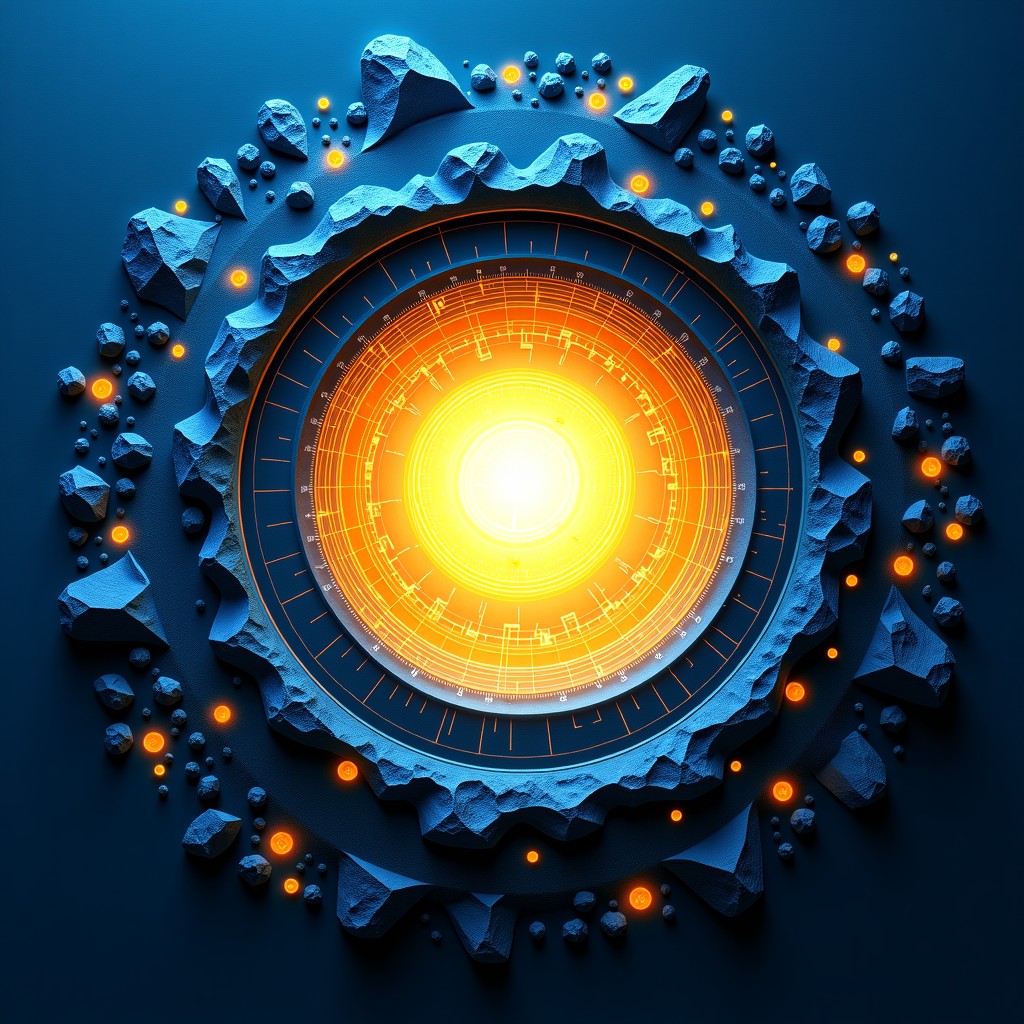 Abstract artistic rendering of musical notes swirling into a glowing digital portal, vibrant blue and gold colors, cybernetic elements mixed with classical music motifs, textured background. 1:1