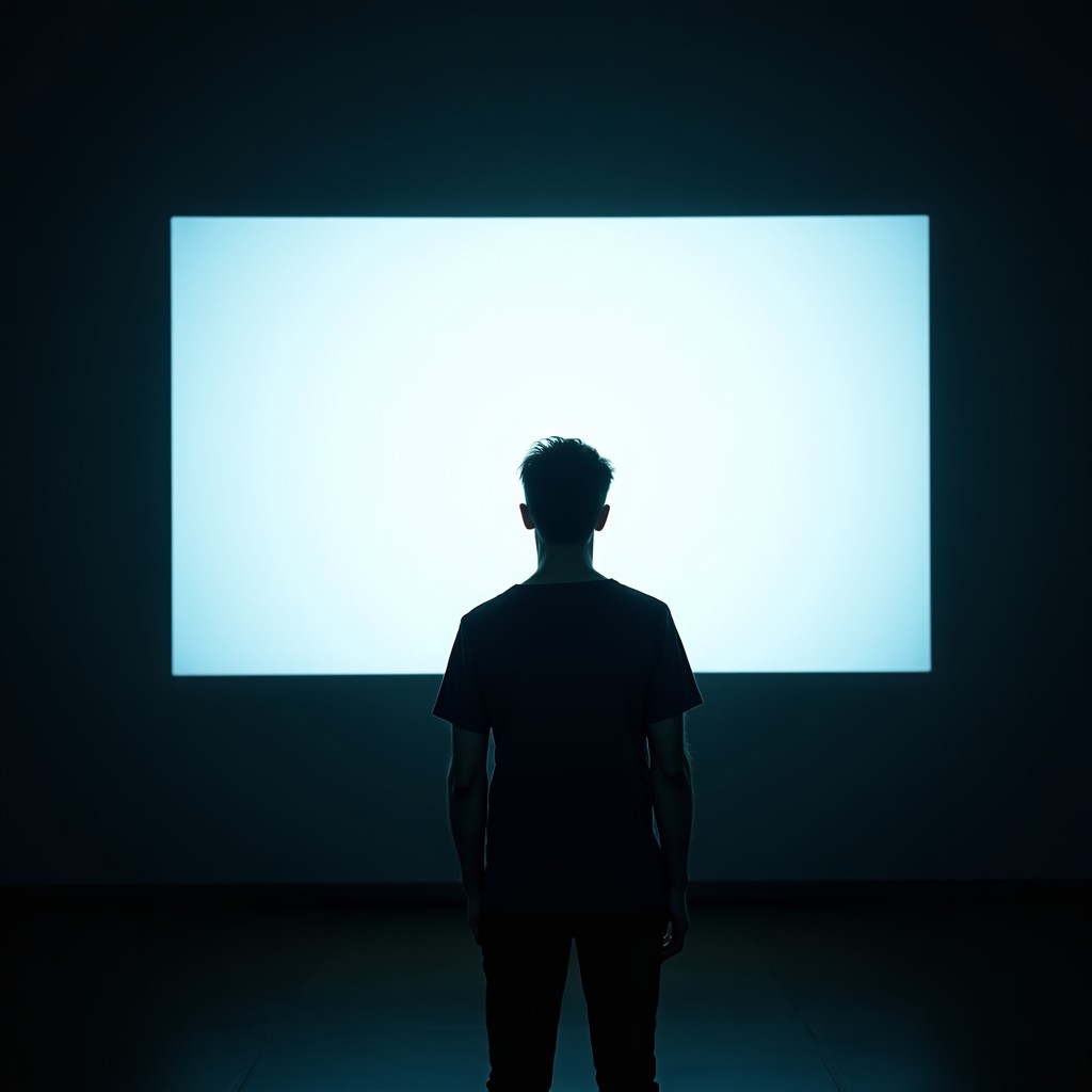 A person looking at a bright glowing screen in a dark room, conceptual art showing digital interface blending with reality, high contrast, 16:9
