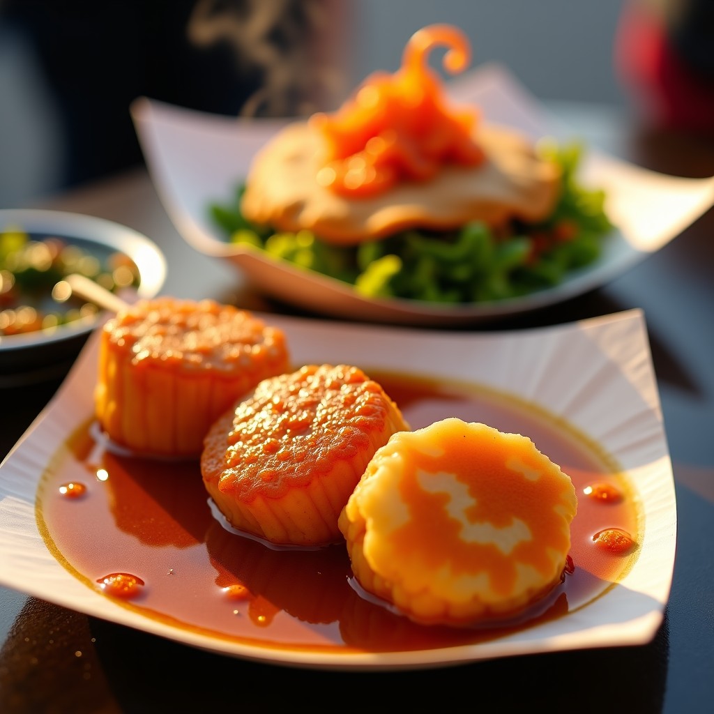 Close-up of traditional Korean street food served at an outdoor festival. Steaming hot fish cake skewers in broth and a crispy kimchi pancake on a paper plate. Warm evening lighting, focus on the food texture, realistic food photography, 1:1