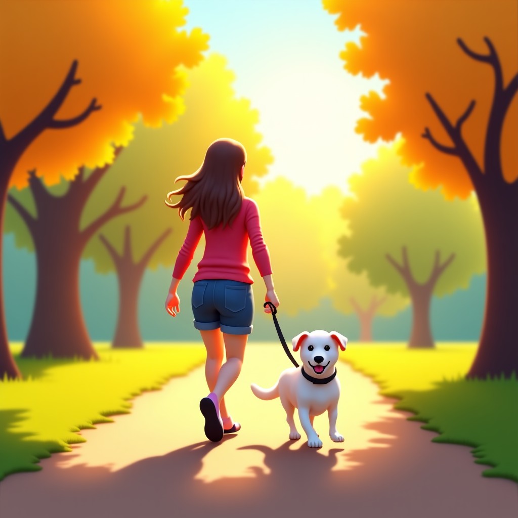 A bright and happy outdoor scene of a person walking a small white dog in a park under warm sunlight. The atmosphere is joyful and full of life. 4:3