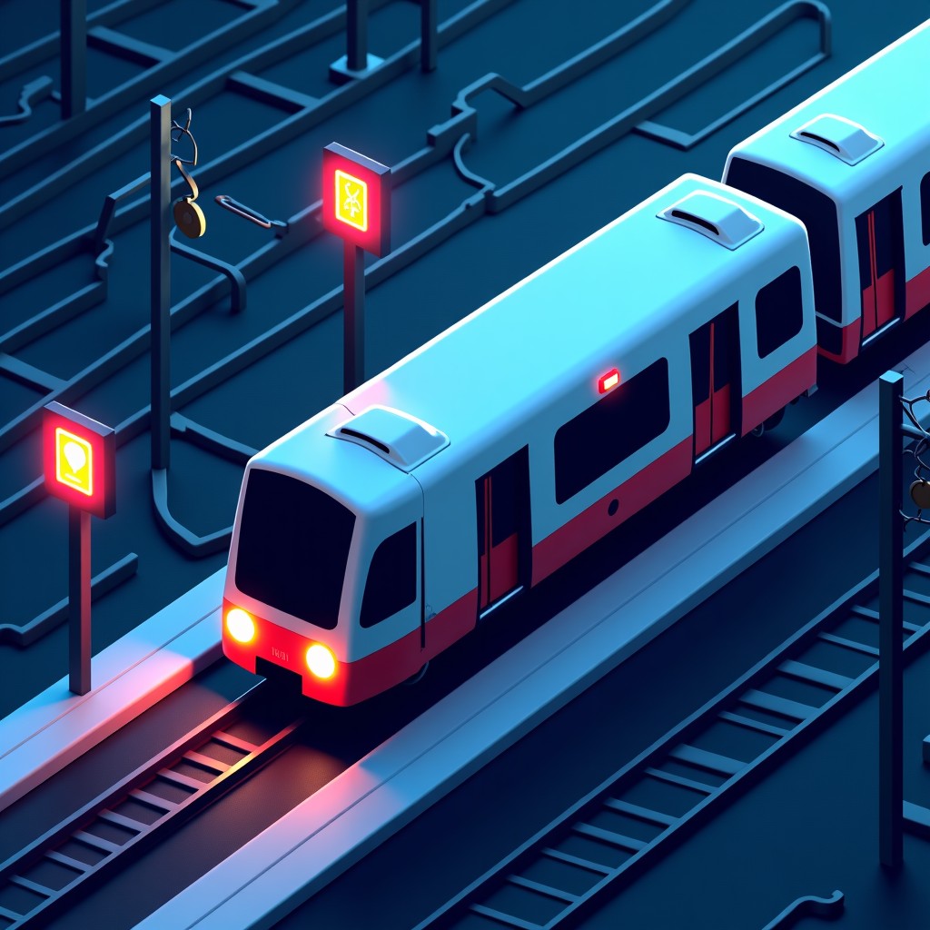 A dark conceptual illustration of digital security breach in a public transportation network with binary code streams and shield icons, sleek modern tech aesthetic, 4:3.