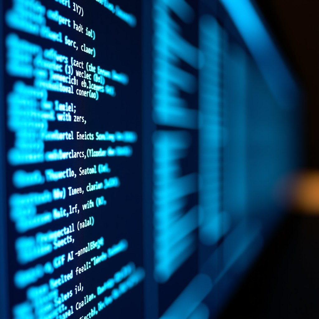 Close up of a modern computer setup screen displaying complex AI neural network code and processing data, tech-focused atmosphere, glowing blue and white accents, 4:3