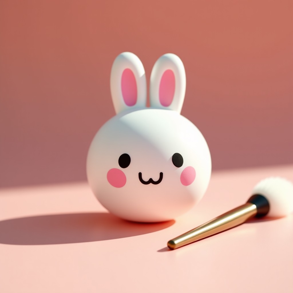 Close-up of rom&nd miffy pops cheek packaging made of paper and a small round makeup brush with a white head. The setting is a clean aesthetic desk with soft daylight. Realistic photography. 1:1