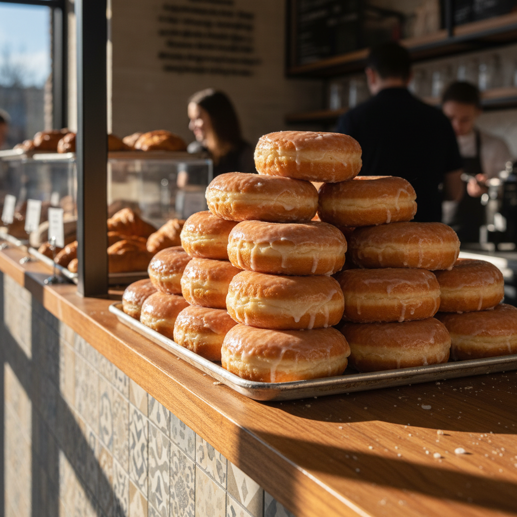 매대에 가득 놓인 글레이즈드 도넛들