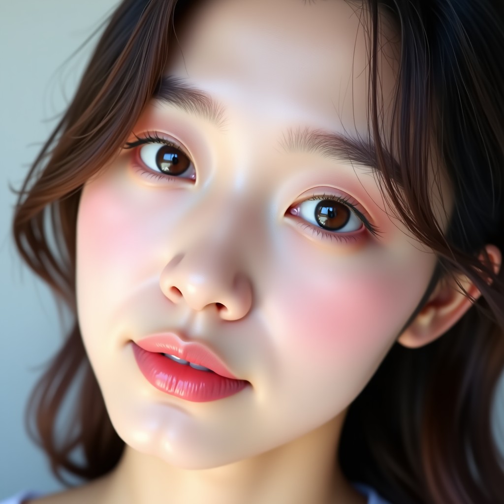 Close up of a Korean woman eyes with soft pink and mauve eye shadow makeup, looking at the camera with a gentle expression, natural lighting. 4:3