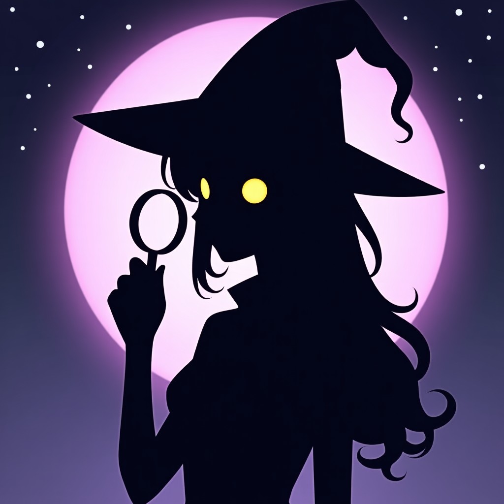 A mysterious magical girl silhouette with a dark purple and black color scheme, detective theme elements like a magnifying glass or a subtle hat, glowing yellow eyes, starry night background, magical aura, high quality anime style, 4:3