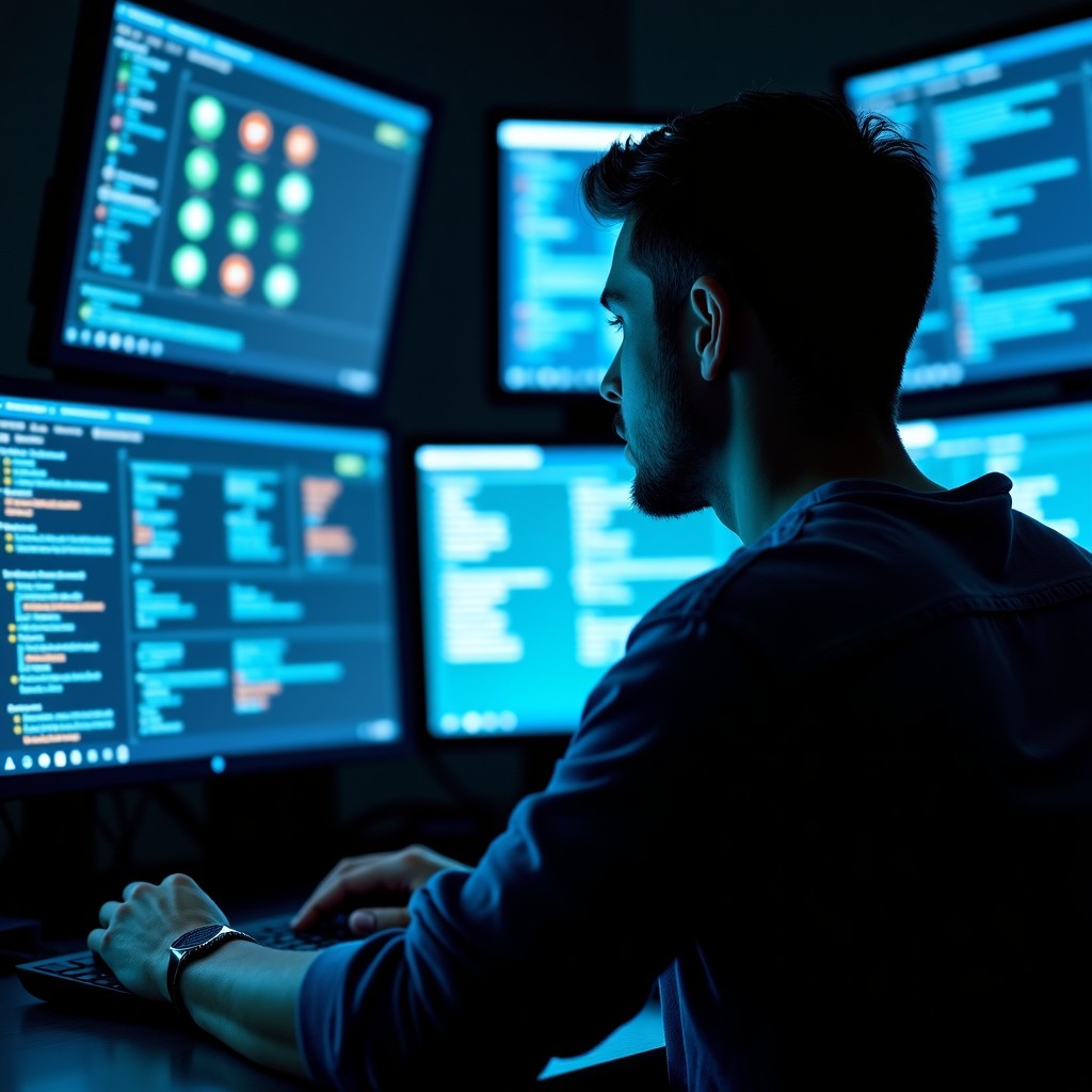 A professional cybersecurity analyst working in a dim room filled with multiple screens displaying data streams and security alerts. Focus on the concentration and the tech environment. Realistic lifestyle photography style. 1:1