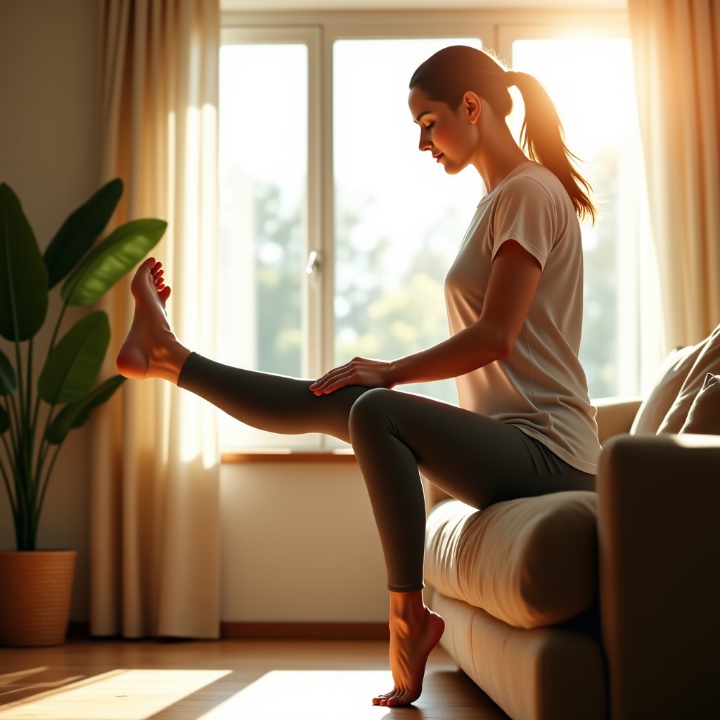 A person performing a gentle leg stretch in a bright and cozy living room, natural morning sunlight, focus on wellness and health recovery, realistic style, 4:3 ratio.