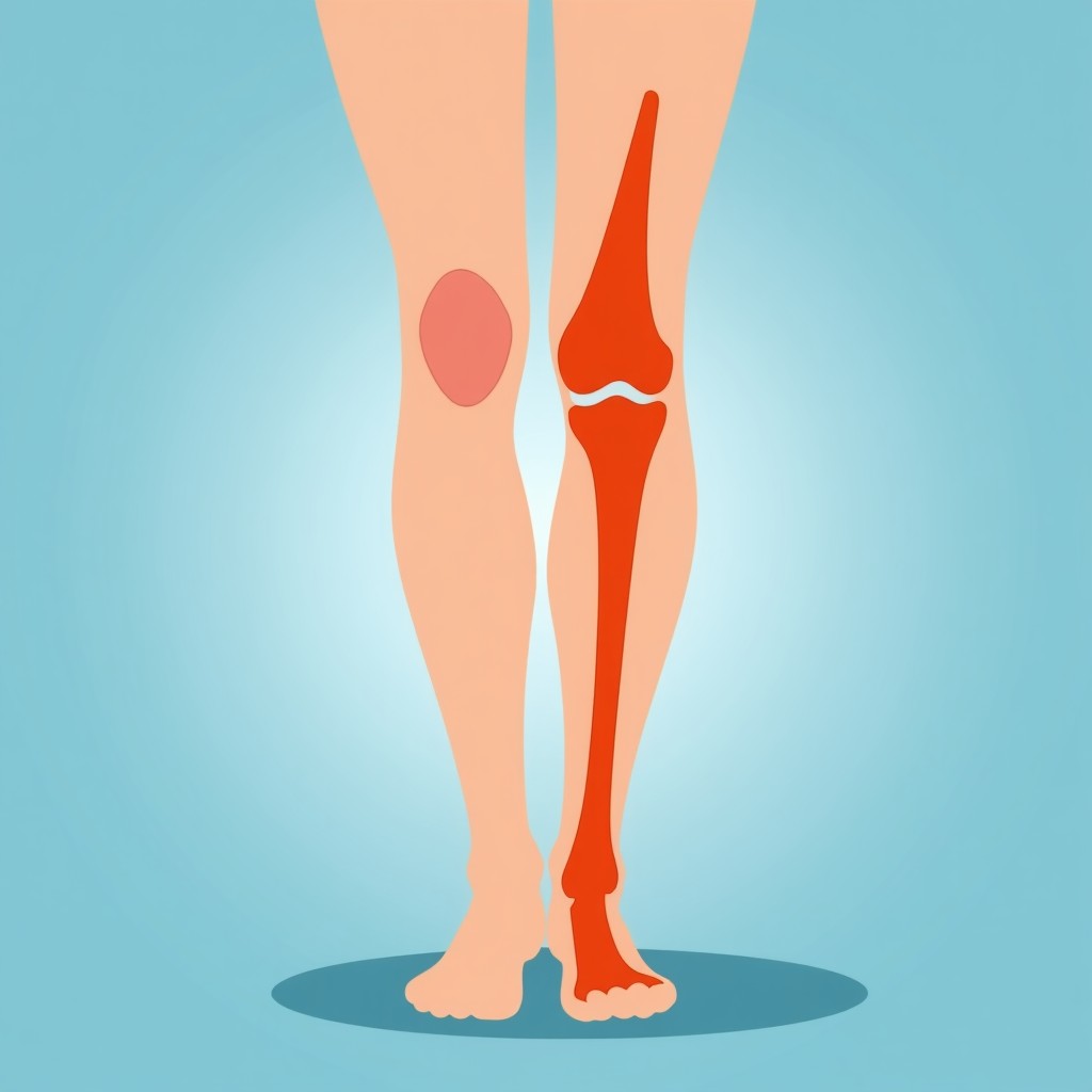 A medical illustration of a human knee joint showing the inner side with highlighted inflammation area, clean infographic style, soft blue and orange color palette, 4:3 ratio.