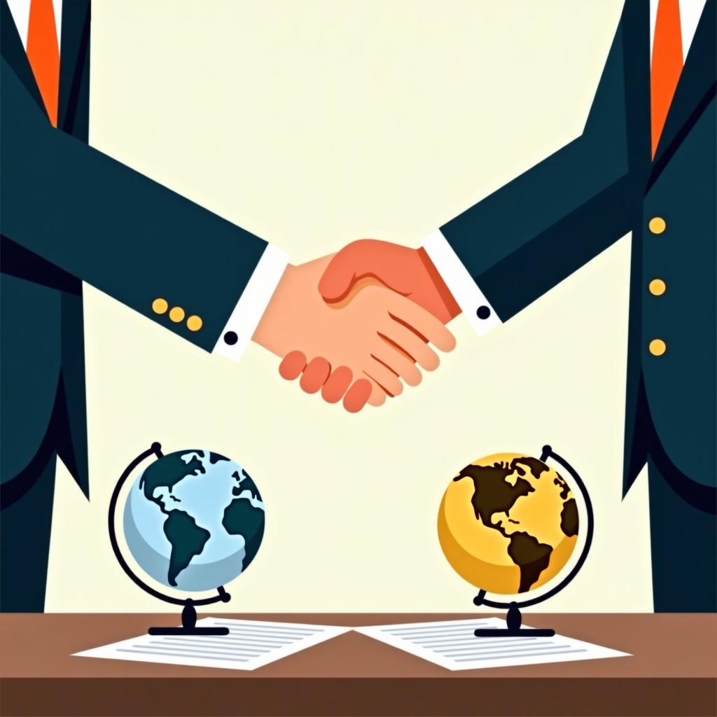 A conceptual illustration of two professional hands in suits shaking over a table with trade documents and stylized globes, neutral professional background, 4:3