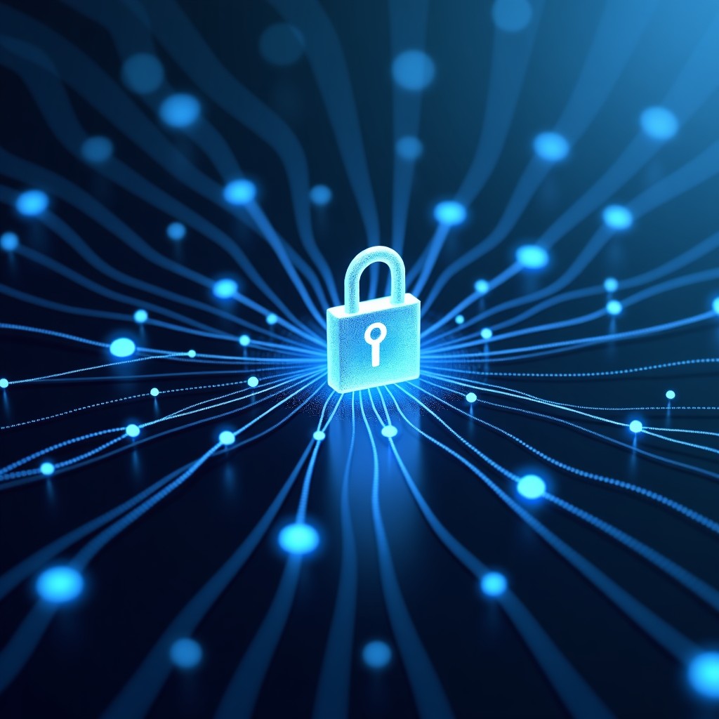 A high quality abstract illustration of a digital lock and network, suggesting security and control in technology, cool metallic tones, 4:3