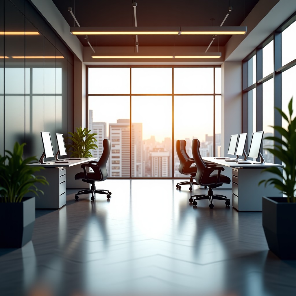 A sleek, modern technology office environment with soft natural lighting, creative and professional atmosphere, 4:3