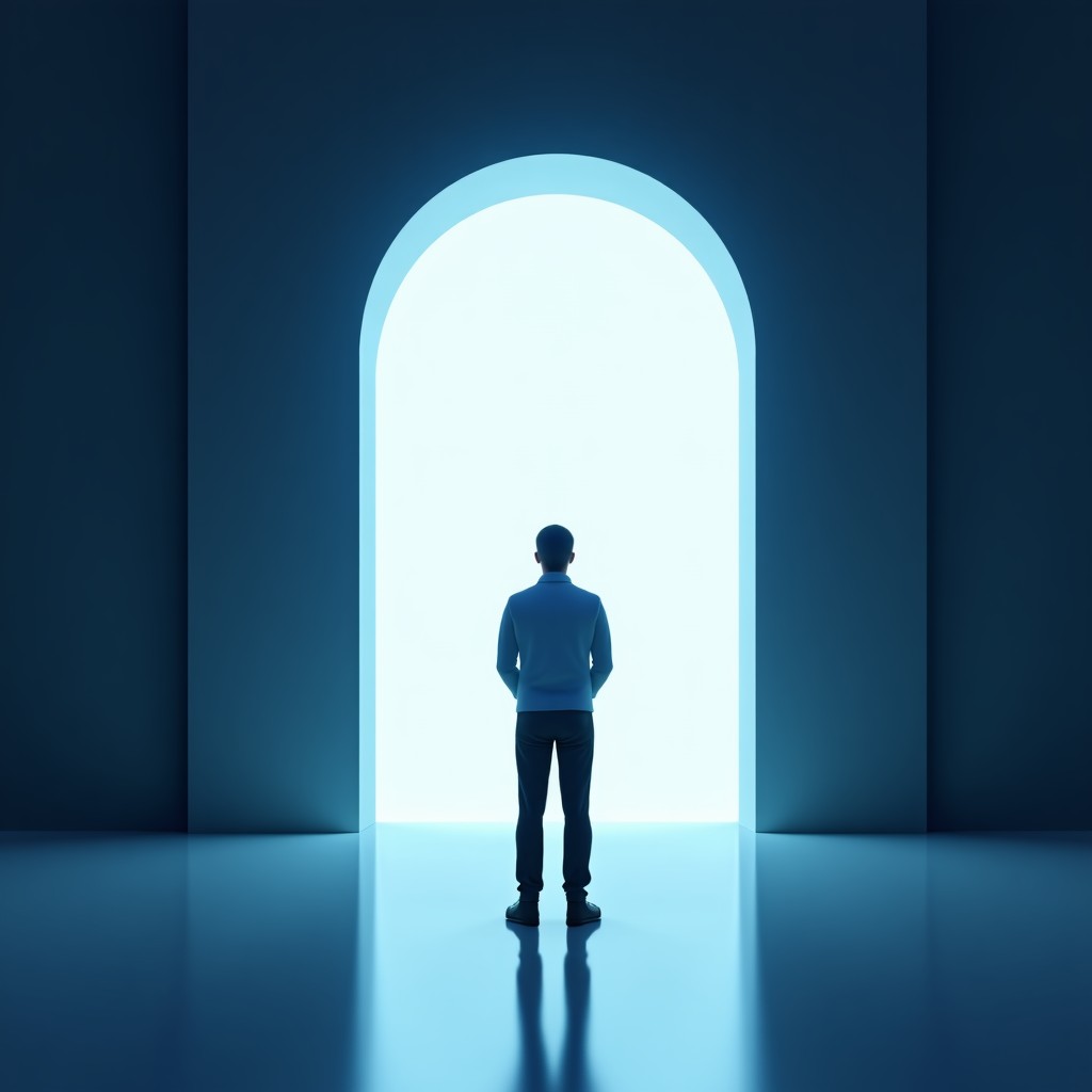 A person looking at a secure digital gateway, glowing light, clean architectural background, artistic interpretation of privacy, 4:3