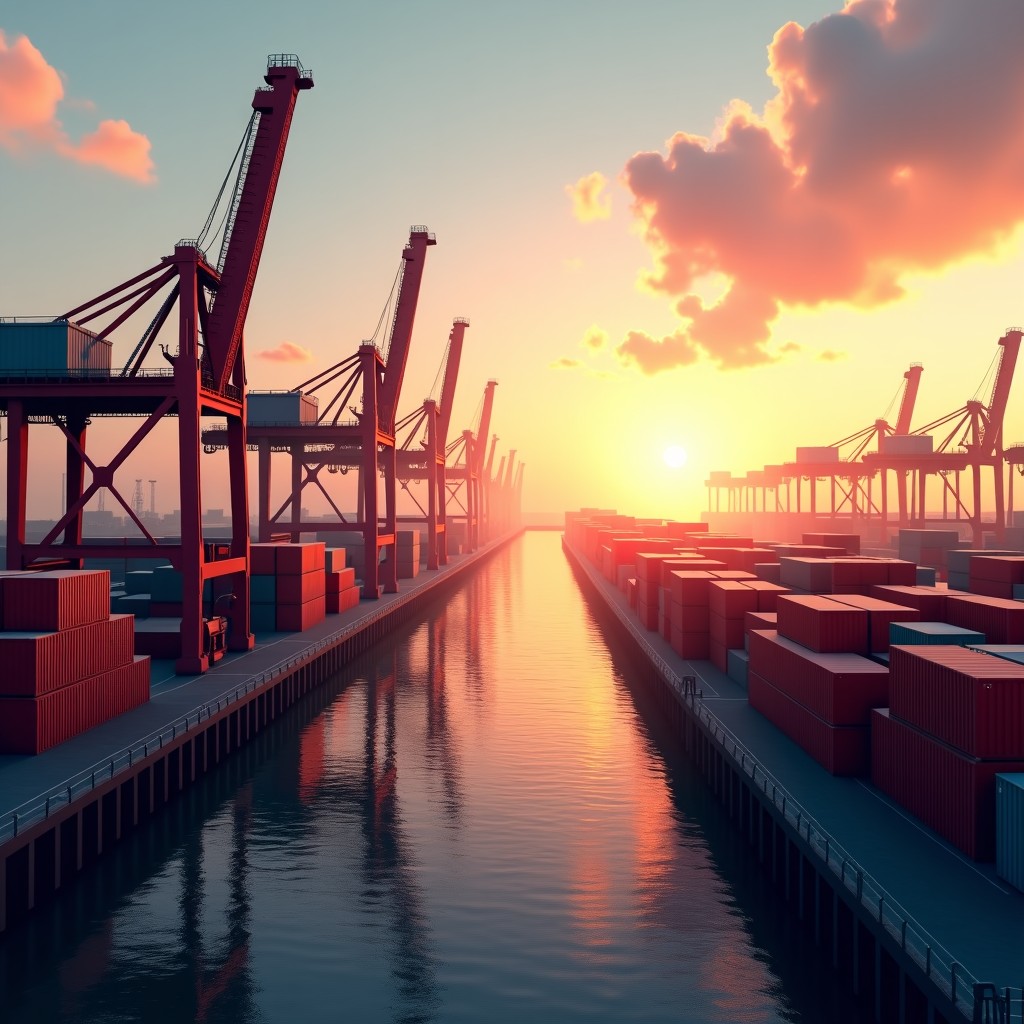 A realistic wide shot of a futuristic smart port with automated cranes and many shipping containers, sunset lighting, high detail, 4:3