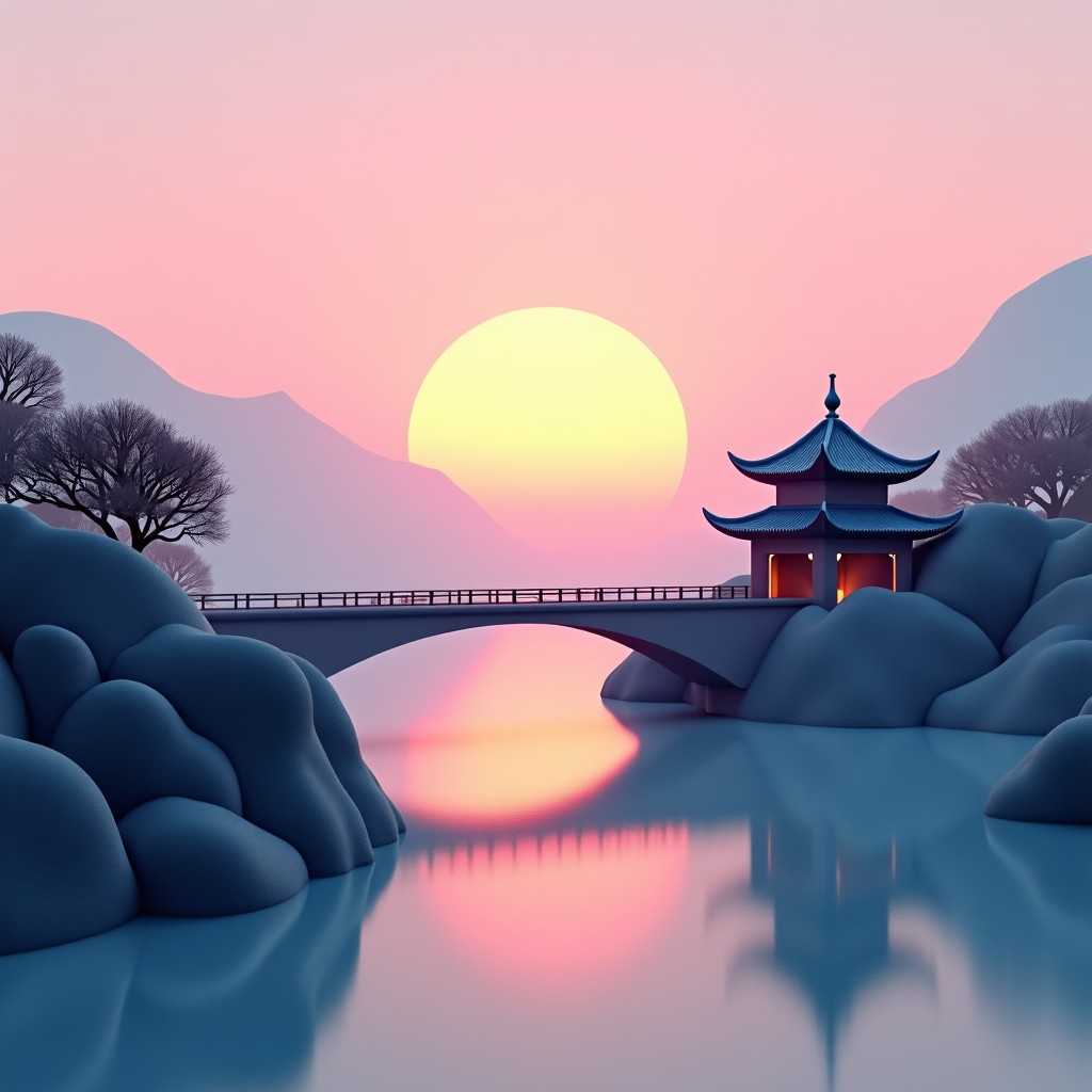 A surreal composition of a modern city bridge transitioning into a traditional Korean pavilion with a smooth color gradient background, high quality, artistic photography, 4:3