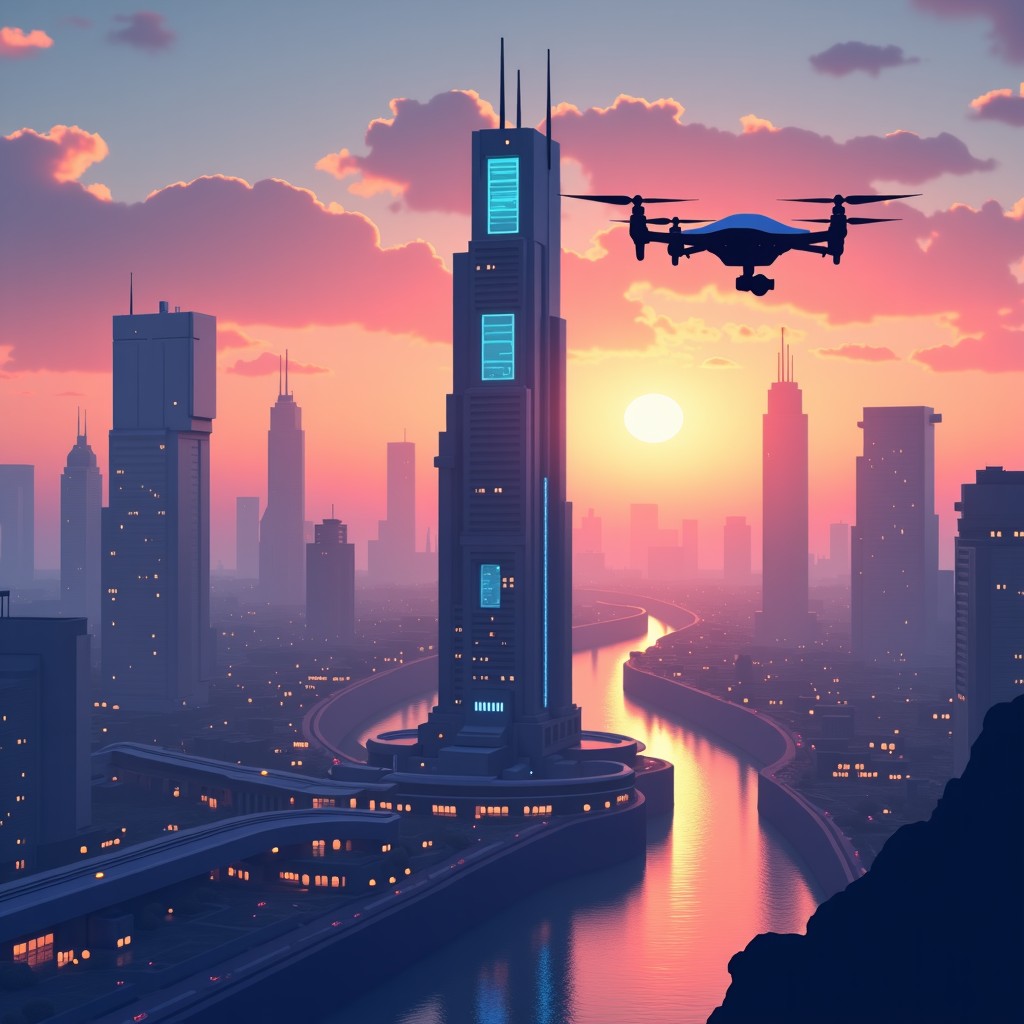 Futuristic drone station in a high-tech city, architectural design, sunrise lighting, digital transformation theme, 4:3