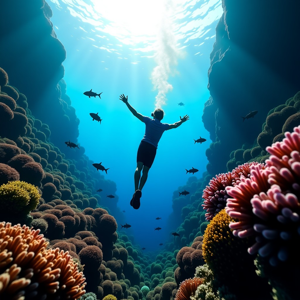 An underwater perspective showing a trainer swimming alongside aquatic creatures among vibrant coral reefs, sun rays filtering through water, 4:3