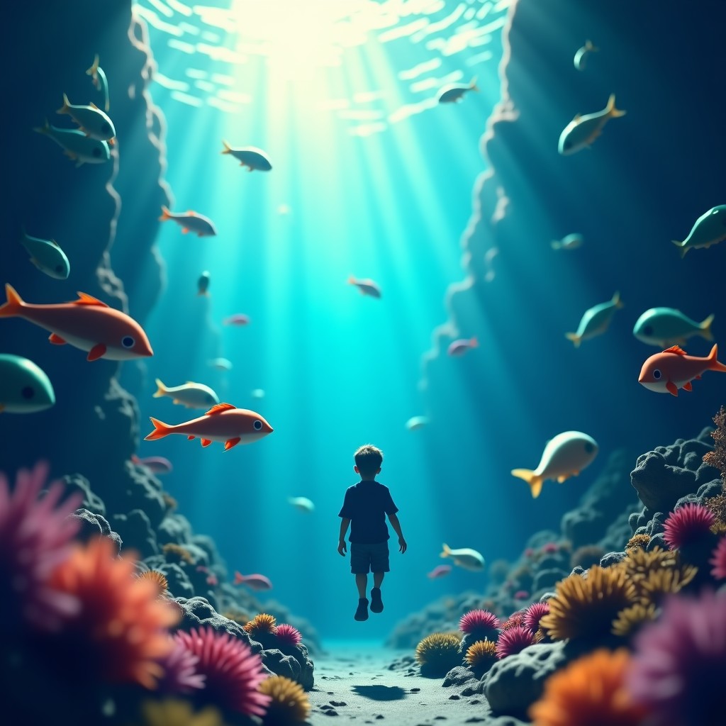A stunning underwater view with a character swimming alongside a school of colorful fish-like fantasy creatures, sunlight piercing through the water surface, coral reefs with glowing elements, cinematic depth of field, 4:3