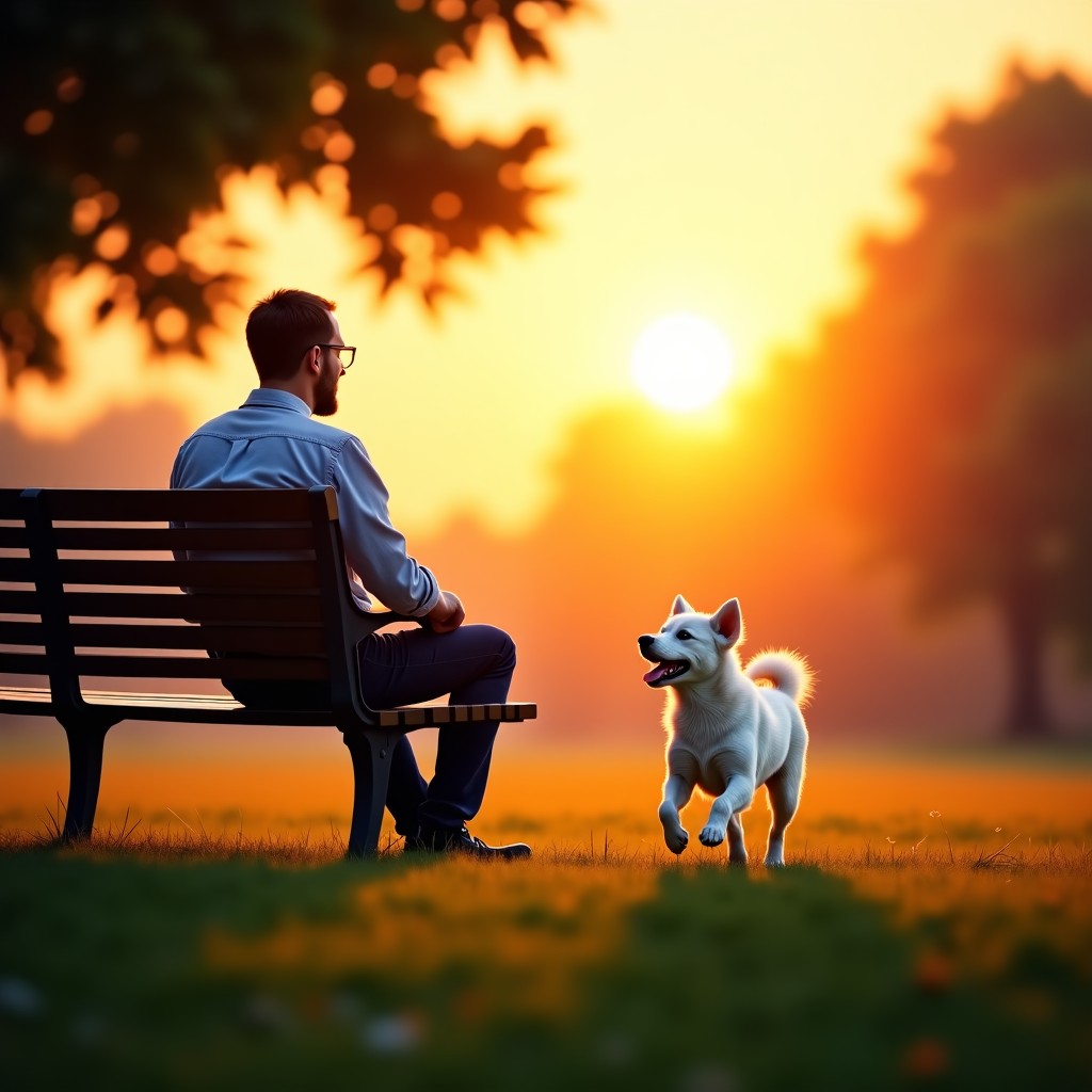A man sitting on a park bench during sunset, looking at a small white dog running happily on the grass. The atmosphere is warm and nostalgic. Realistic lifestyle photography, 4:3