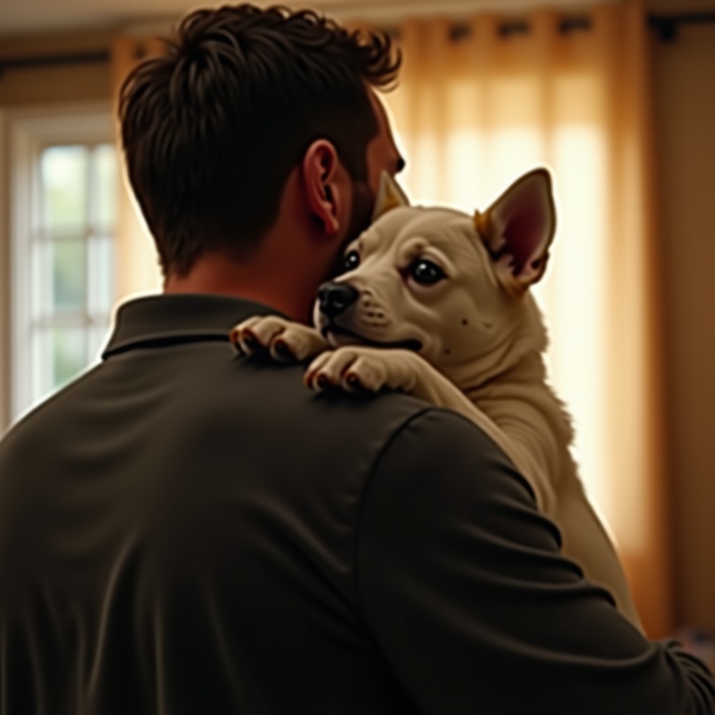 A man warmly hugging a small white dog from behind in a cozy room. The focus is on the emotional connection and the gentle embrace. Cinematic lighting, warm color palette. 4:3