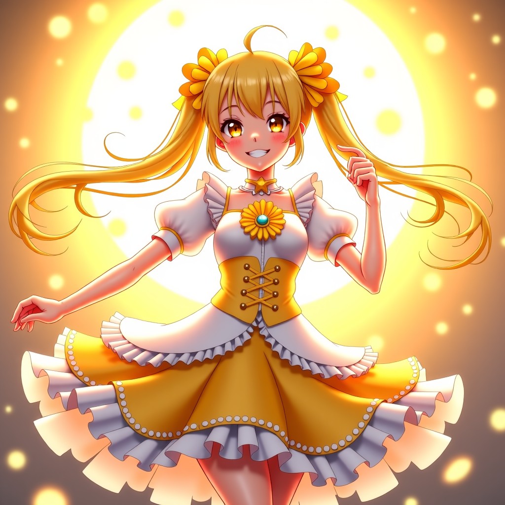 A bright white and yellow magical girl costume design, elegant lace and ribbons, sun emblem, shining light background, vibrant and joyful atmosphere, high quality anime character design, 4:3