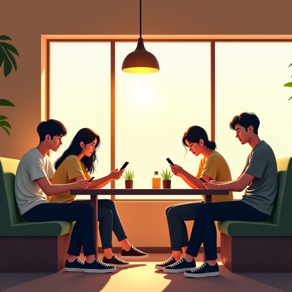 A group of Korean teenagers sitting in a bright, modern cafe, naturally using their smartphones and talking. Warm, natural sunlight coming through the window. Lifestyle photography. 4:3
