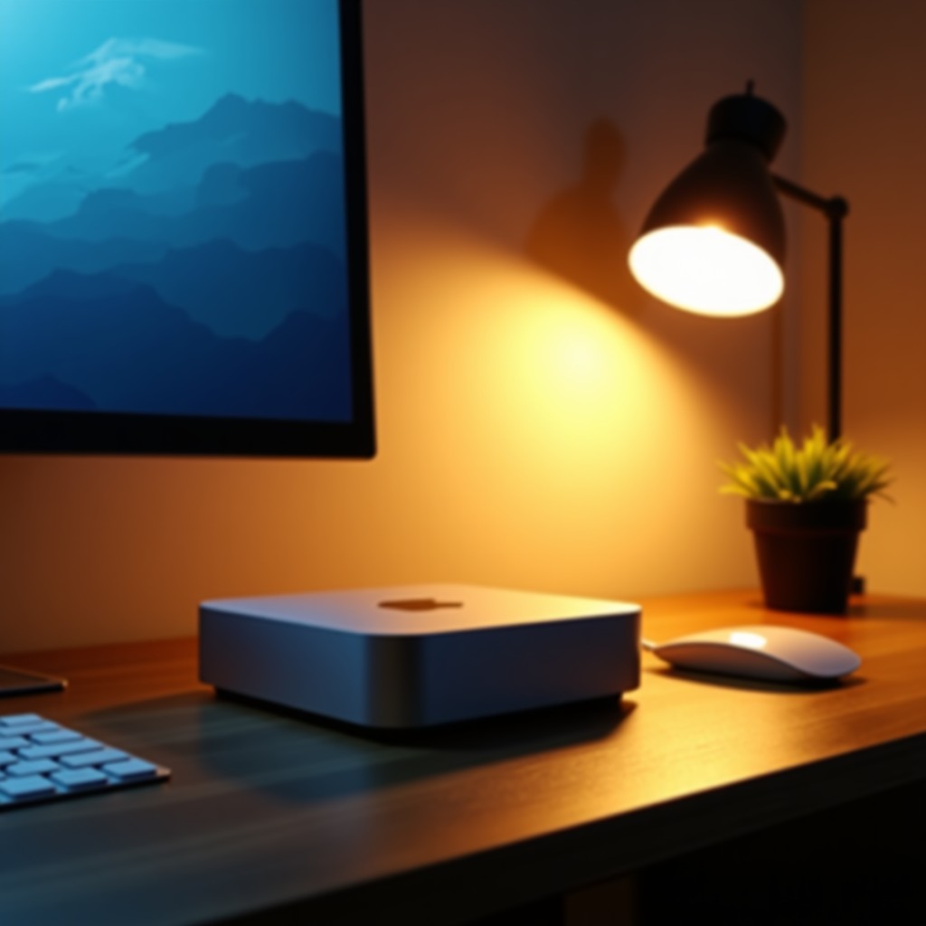 Minimalist home office setup at night, a silver Mac mini M4 on a desk with a warm desk lamp, cozy atmosphere, focus on productivity and quiet environment, high resolution photography, 4:3