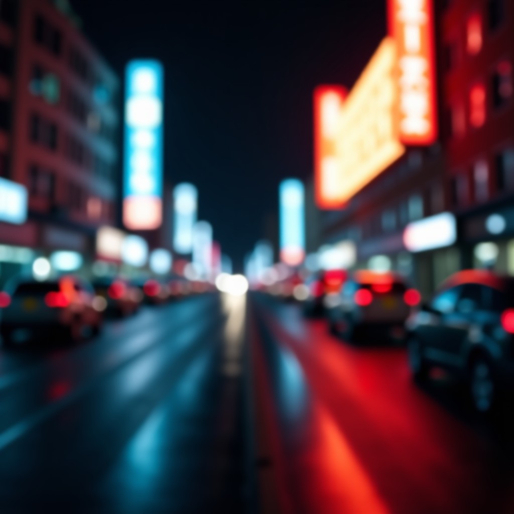 Cold city street at night with blurry neon signs, motion blur, dark and moody atmosphere, cinematic photography, 1:1